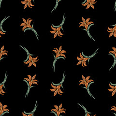 Fototapeta na wymiar Small lily flowers. Vintage seamless pattern in a watercolor style. Pastel colors.