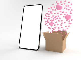 3D rendering of Smartphone white screen surrounded by cardboard box with Many hearts are floating. Concept of Heart and love on a mobile phone and concept valentine day isolated on white background.