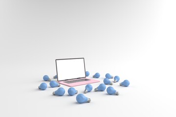 3D rendering of Pink laptop white screen surrounded by Many blue light bulbs placed on a pastel pink floor. Concept money and Business on laptop, Creative idea on laptop, isolated on white background.
