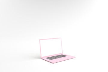 3D rendering of mockups pink laptop white screen on white floor, Pink laptop lay down on ground. Laptop white screen can be used for commercial advertising, Business idea, Isolated on white background