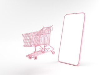 3D rendering of mockup pink Smartphone white screen surrounded by shopping cart. Concept of shopping on mobile phone and Can fill the content on the white phone screen isolated on the white background
