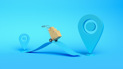 Сardboard boxes on hand truck with location pointer showing the destination. Cargo delivery, logistics and distribution concept. Online order tracking. Minimal composition. 3d illustration. 3d render.