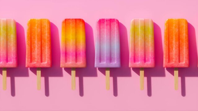 One row of colorful popsicles. Summer treat, Fruity ice cream sorbet on a stick.