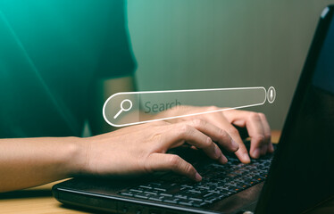 Search Engine Concept. Tools or programs for searching for information on the Internet. Men's hands...