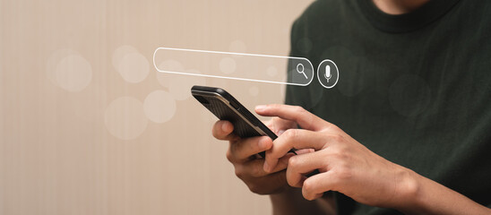 Search Engine Concept. Tools or programs for searching for information on the Internet. Man's hand...