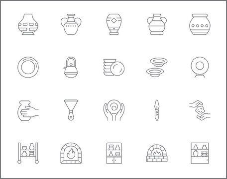 Simple Set of Pottery Related Vector Line Icons. Contains such Icons as Bowl, Plate, fireplace, ceramics, vase, clay, mug symbols and more.