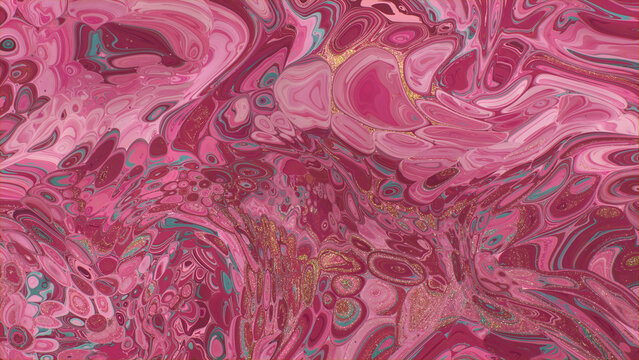 Beautiful Magenta and Pink Paint Swirls with Gold Glitter. Contemporary Design Background.