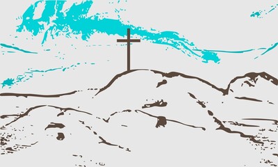 Christian cross on Golgotha mountain. Religion concept illustration. Jesus Christ Crucifixion.