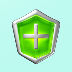 Fototapeta premium 3d icon for health protection green shield with cross, bacteria protection, anti germ defence, health insurance, health protected metal shield symbol isolated on green background. 3d render