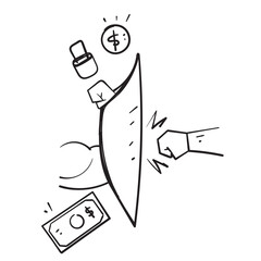 hand drawn doodle hand punch shield with money symbol for economic protection guaranteed