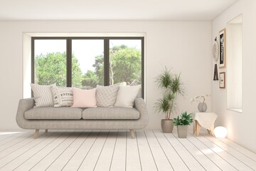 White living room with sofa and summer landscape in window. Scandinavian interior design. 3D illustration