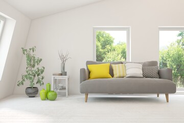 Obraz premium Minimalist living room in white color with sofa and summer landscape in window. Scandinavian interior design. 3D illustration