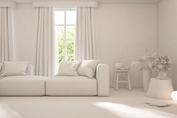 Mock up of stylish room in white color with sofa and green landscape in window. Scandinavian interior design. 3D illustration