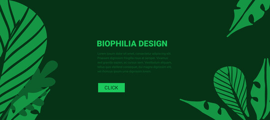 Green background with tropical leafes. Biophilic design - Banner for web. Biophilia concept in hand drawn style
