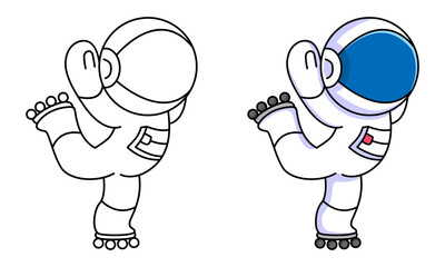 cute astronaut playing rollerblade coloring page for kids