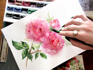 Watercolor pink flower peony rose floral composition plant paint palette brush paintbrush hand...