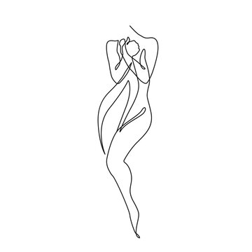 Woman Body Line Drawing. Abstract Minimal Female Back Icon, Logo. Continuous One Line Woman Nude Illustration. Modern Trendy Contour Drawing. Vector EPS 10. 