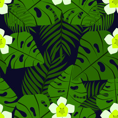 seamless pattern with green leaves and f;owers