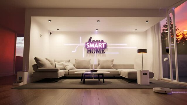 The smart home animation. Central HUB with beams connected to many smart devices