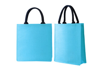 Presented color light blue for  modern Thai design shopping bag made out of recycled Hessian sack on white background