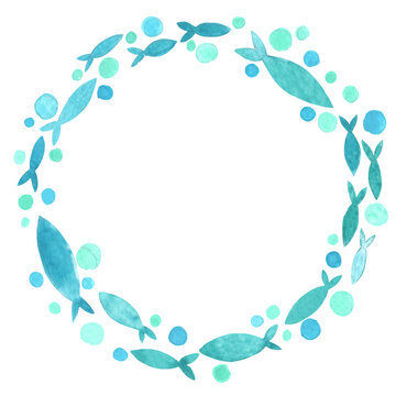 school of fish wreath watercolor illustration for decoration on fishing and ocean concept.