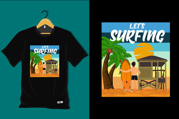Lets Surfing Retro Vintage T Shirt Design