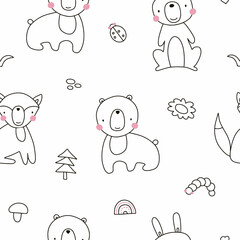 Seamless pattern with cute forest animals. Vector illustration isolated on white background for your design