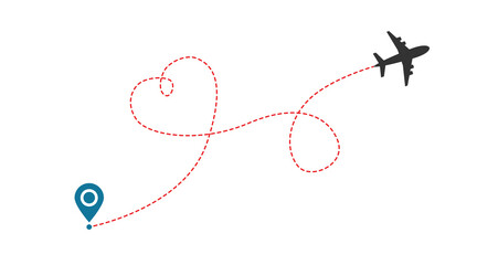 Love airplane route. Travel from start point and red dotted line tracing.
