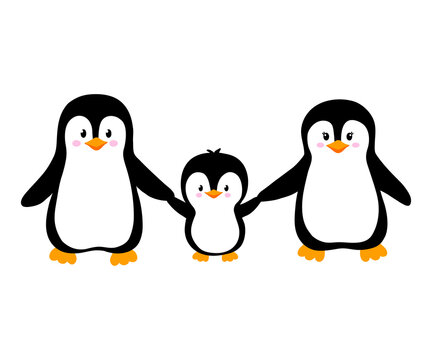 Vector illustration of cute penguin family isolated on white. Animals clipart in flat style. Penguins holding hands