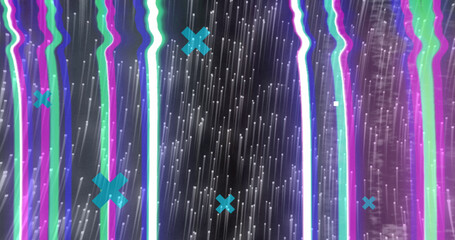 Image of data processing over light trails on black background