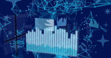 Image of graph and data processing over networks of connections on dark blue background