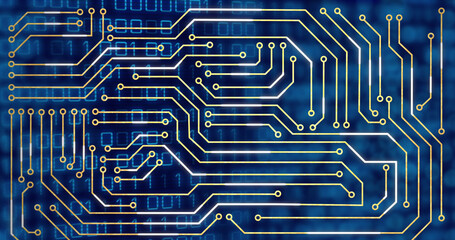 Image of glowing golden motherboard over binary data processing on blue background