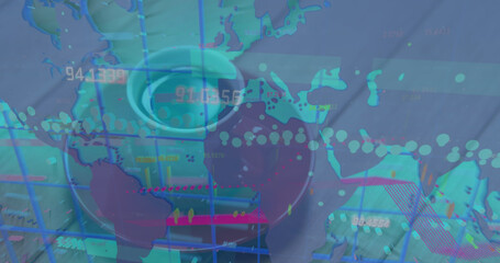 Image of graph and data processing over world map and coffee cup on desk