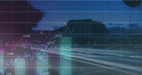 Image of financial data processing over cityscape