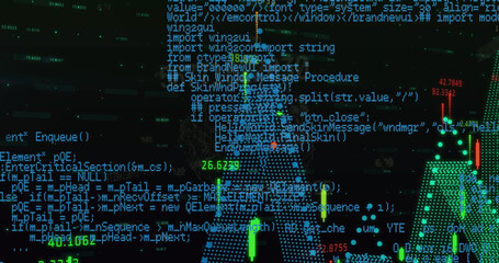 Image of graphs and data processing on black background
