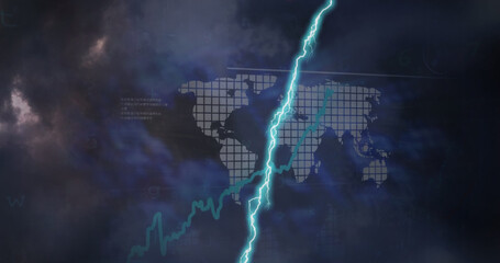 Image of lightning, smoke and graph over world map and data processing on dark background