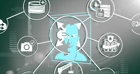 Image of digital portraits over network of media icons and scanner processing data