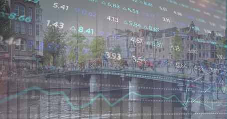 Image of graph and financial data processing over pedestrians walking over bridge in city
