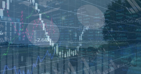 Image of financial data processing over landscape and cityscape