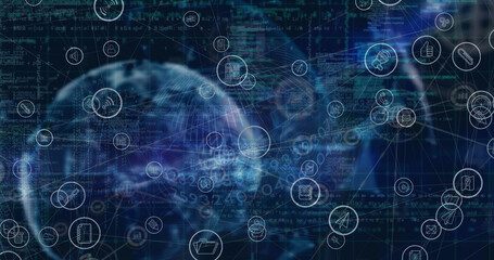 Image of network of connections with icons over globe