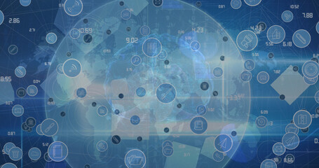 Image of network of connections with icons over globe