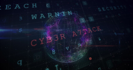 Image of data processing and globe over black background