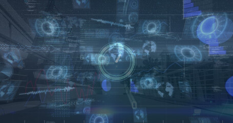 Image of data processing over cityscape