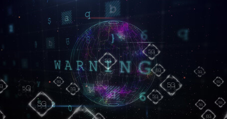 Image of data processing and globe over black background