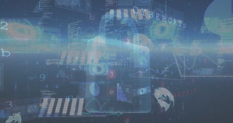 Image of data processing over padlock on black background
