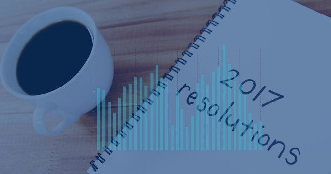 Image of graph processing over notebook with 2017 resolutions text and coffee cup on desk - Powered by Adobe