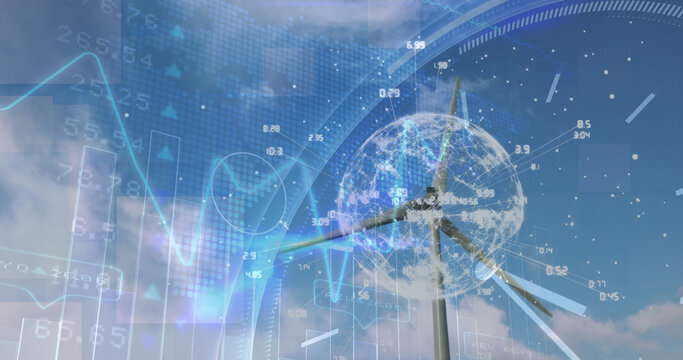 Image of financial data processing with globe over wind turbine and sky with clouds