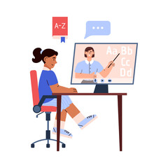 Little girl sitting at the table and learning English alphabet with video lesson