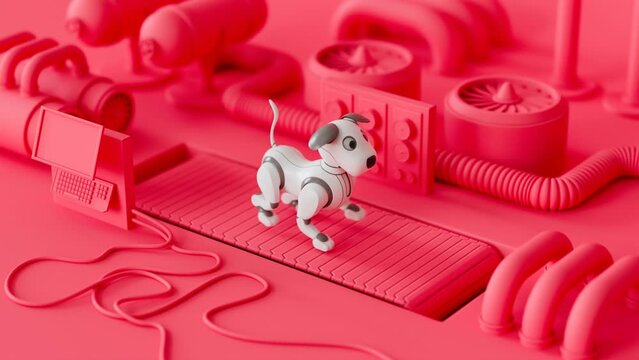 Concept of a puppy robot dog walking on the treadmill. Advanced cute toy. CGI 4k