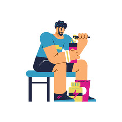 Serious curly athletic man sitting and making special cocktail for energy flat style